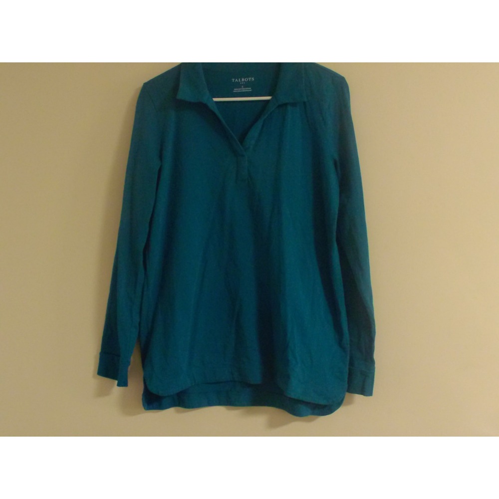 Talbots Womens Teal Blue 100% Cotton Long Sleeve V-Neck Polo Shirt Size S